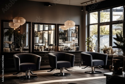 A modern and stylish hair salon with black and white decor, professional equipment and a retro atmosphere.