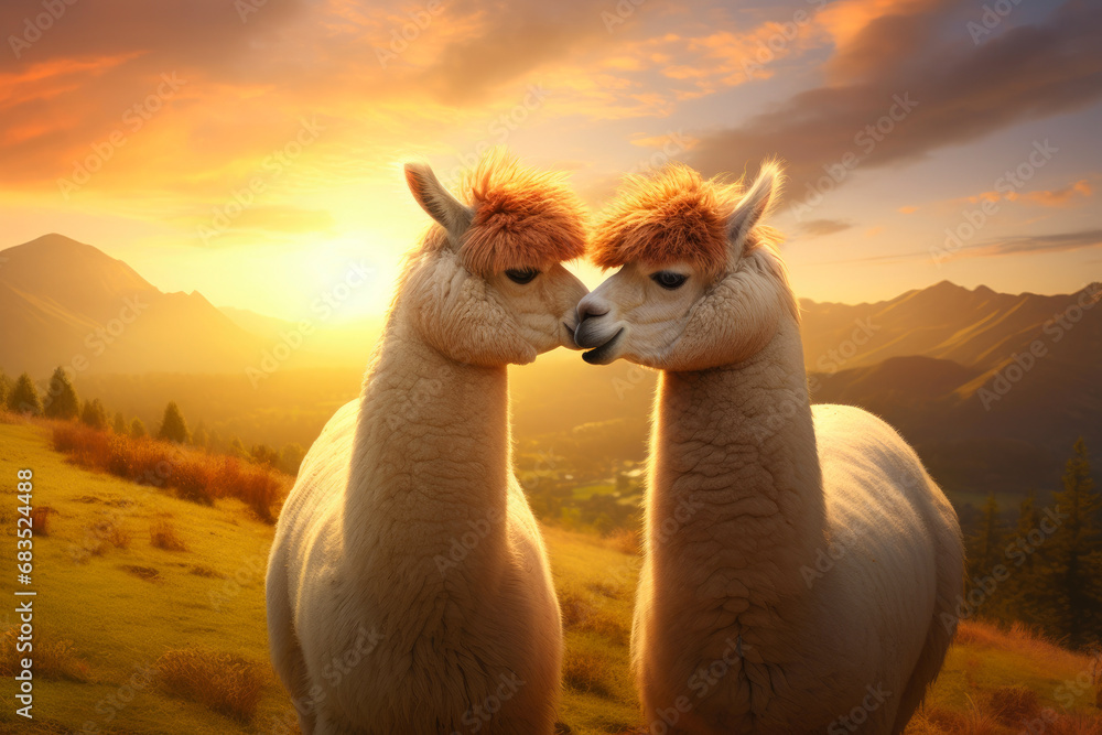 Fototapeta premium Adorable Alpacas: Affectionate Kiss in Nature's Embrace