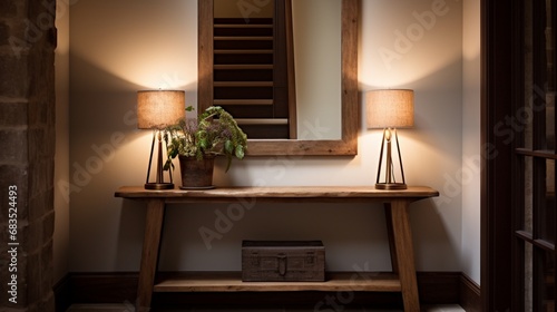 A brown entryway with a rustic console table  mirror  and warm accent lighting