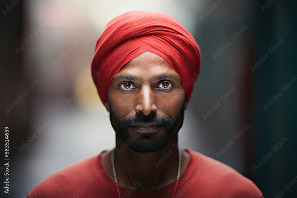 Close-up portrait of an Indian man in traditional clothes, wearing a turban with cultural pride. Close-up portrait of an Indian man in traditional clothes, wearing a turban with cultural pride.