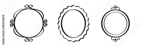 Mirror hand drawn round frames. Oval and round line border