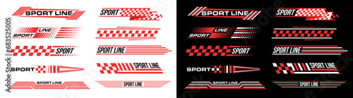 Racing stripes geometric lines design racing car hood sticker, dynamic arrow shapes and lines background for sporting event. racing start and finish flag. vector illustration template for motorsports
