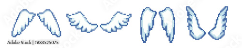 8 bit angel wings retro icon set. Pixel old game cartoon angel wings vector