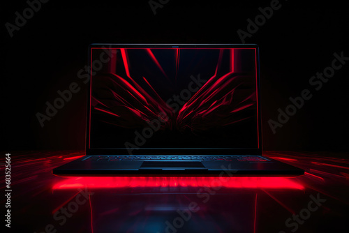 Glowing Shadows: Red Neon Behind a Silent Laptop