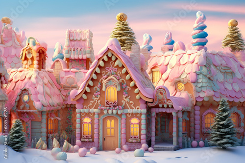 Whimsical Holiday Village: Gingerbread Delights in Pastel Skies © Andrii 