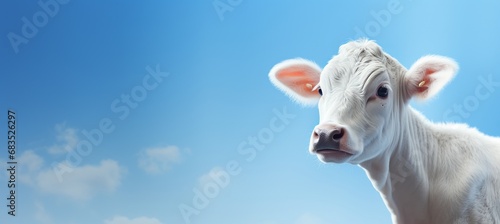 Fashionable studio shot of happy dairy cattle on solid pastel background with copy space