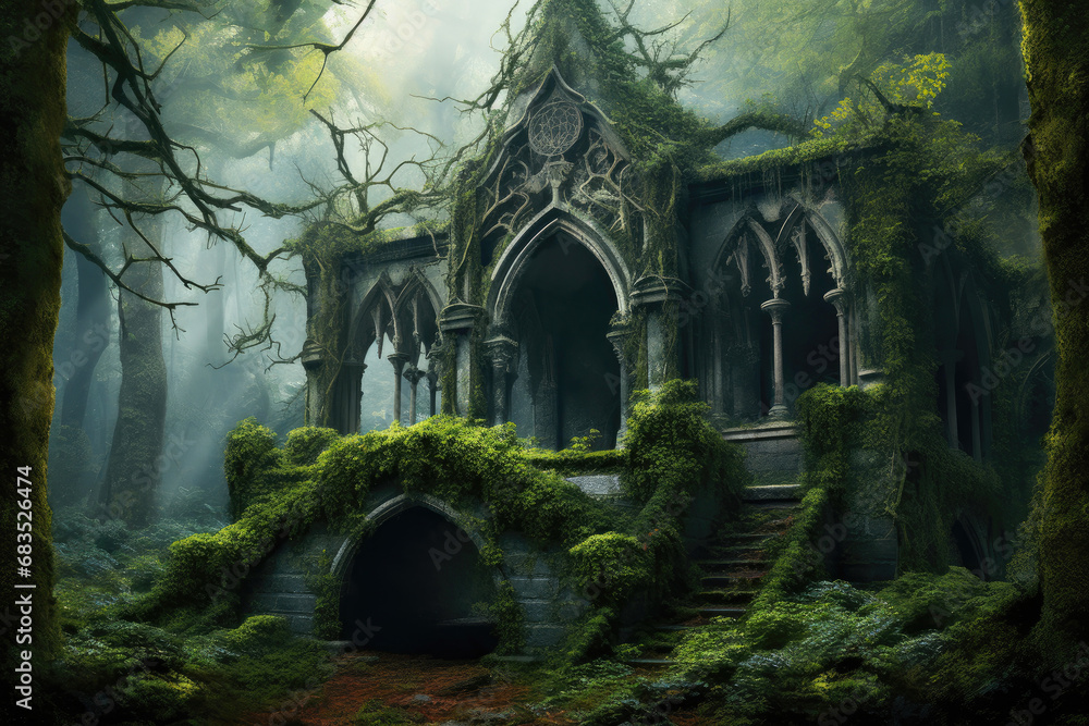 Obraz premium Ethereal Decay: Manor Lost Amidst Flourishing Woods