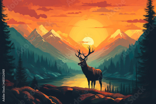 Twilight Silhouette: Wild Deer Amidst Mountain Sunset © Andrii 