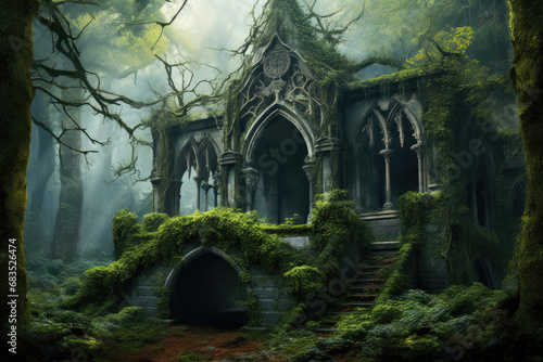 Ethereal Decay: Manor Lost Amidst Flourishing Woods © Andrii 