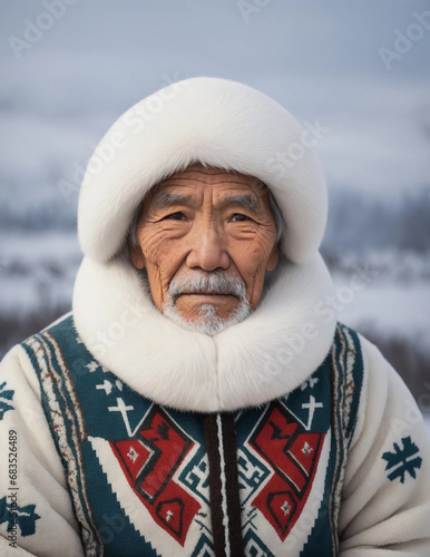 Inuit senior male with traditional costume smiling on snowy scenery