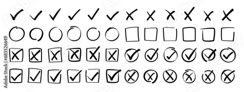 Doodle check marks in circle and square frame. Brush stroke tick and wrong cross brush marker