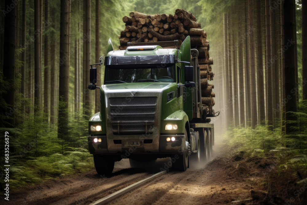 Fototapeta premium Forestry Freight: Timber Hauler in Woodland Setting