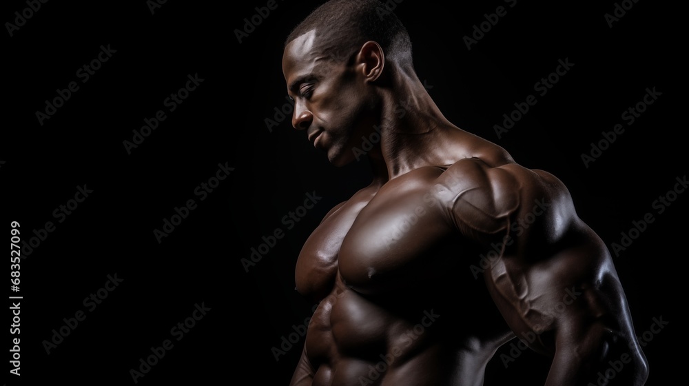 a muscular bodybuilder stands shirtless, his chiseled physique glistening with sweat, captured in a close-up