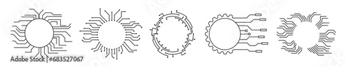 Tech circular cpu chip frame. Digital ai deep learning futuristic circle border. Line microchip game interface vector