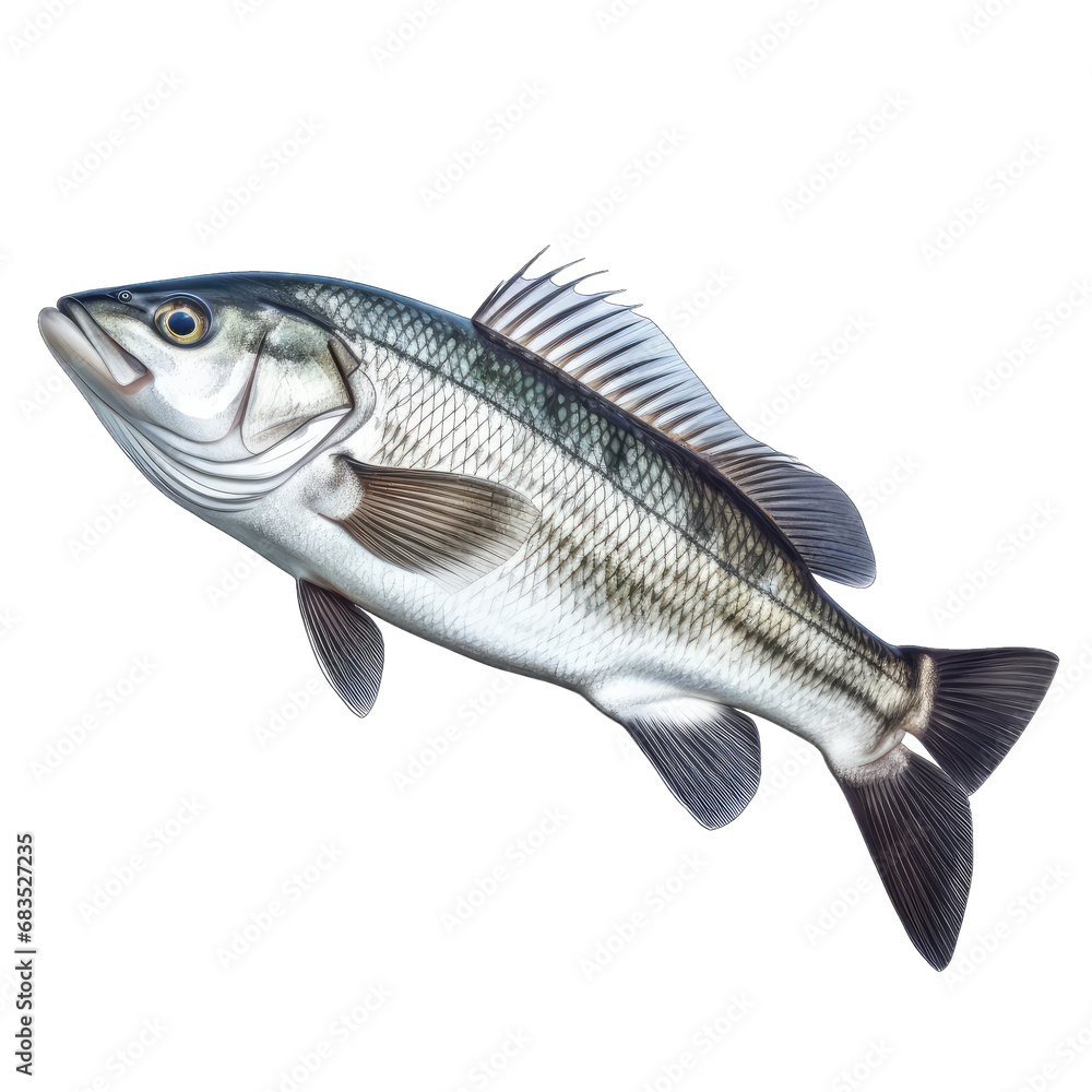 Fototapeta premium Sea bass fish isolated on transparent and white background. PNG transparent