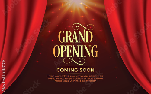 Realistic grand opening invitation banner with red curtains, golden elements and 3d editable text effect