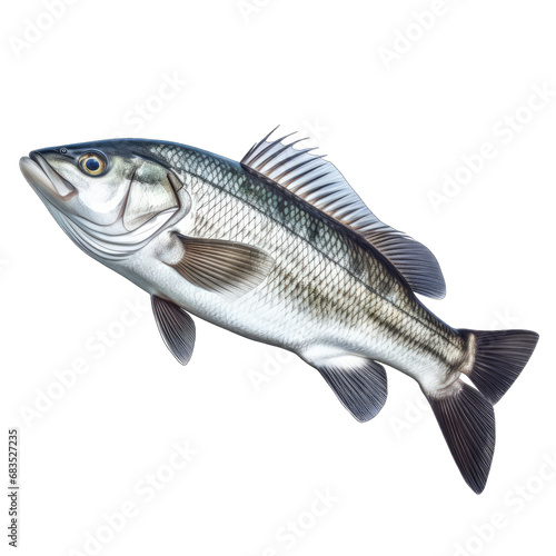 Sea bass fish isolated on transparent and white background. PNG transparent