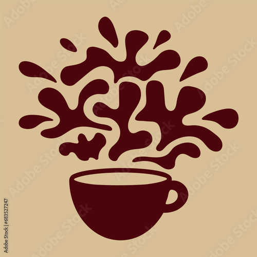 Silhouette of cup of coffee or tea with decorative splashes. Design element for logo or sign for cafe, coffee shop, store, sign, advertisement or store decoration or label and sticker