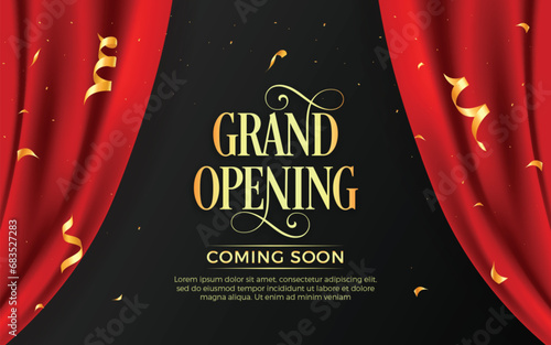 Realistic grand opening invitation banner with red curtains, golden elements and 3d editable text effect
