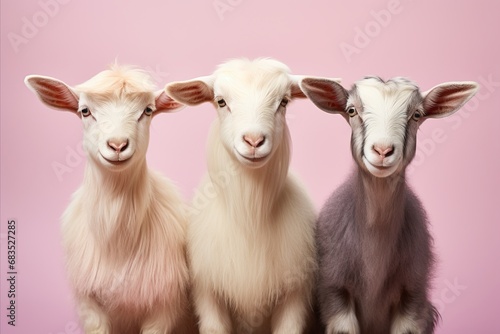 Happy goats posed in stylish studio fashion shot on pastel background with copy space