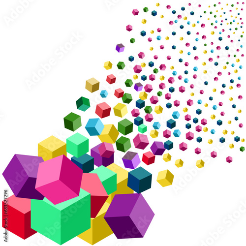  On a white background there are many flying and falling multi-colored cubes.
