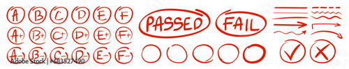 Exam grade doodle hand drawn marks. School exam marks in circle photo