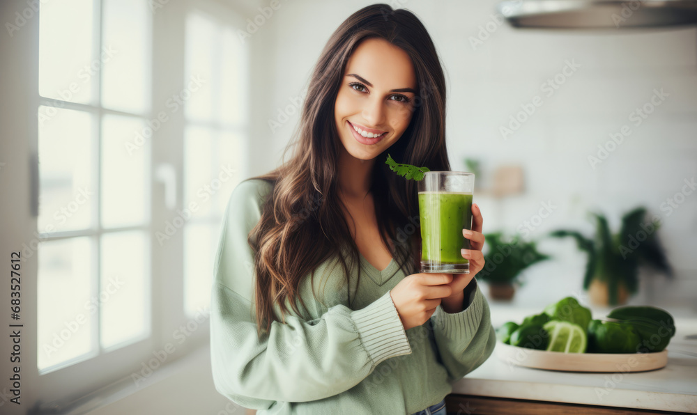 A young woman stood in a kitchen with a healthy green smoothie detox diet drink - obrazy, fototapety, plakaty 