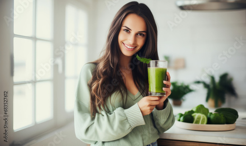 A young woman stood in a kitchen with a healthy green smoothie detox diet drink photo