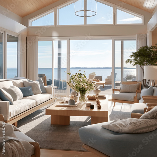 Innenarchitektur eines modernen Wohnzimmers im Küstenstil, helles modernes Wohnzimmer an der Küste mit grossen Fenstern © Marc