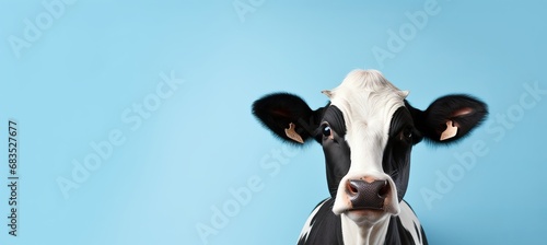 Stylish happy dairy cattle posed on pastel background with copy space for text placement