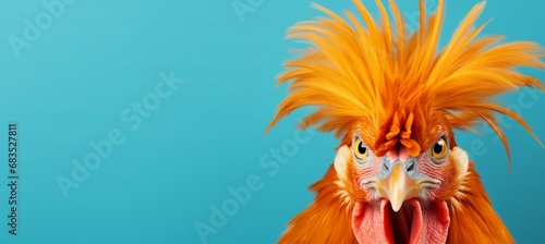 Happy chicken posing on solid pastel color background for text placement in a fashion studio shot