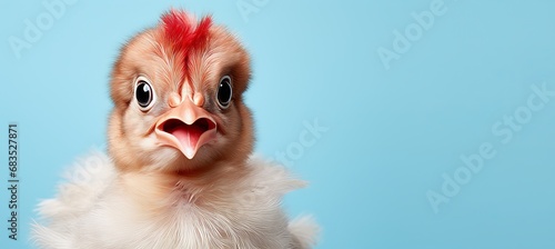 Happy stylish chicken on solid pastel color background   studio fashion shot with copy space © Ilja