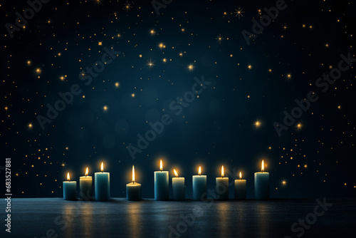 Flaming blue candles at night on dark background with stars and lights. Candles in Christian church as catholic symbol. Abstract festive backdrop. Christmas eve or Chanukah banner with copy space