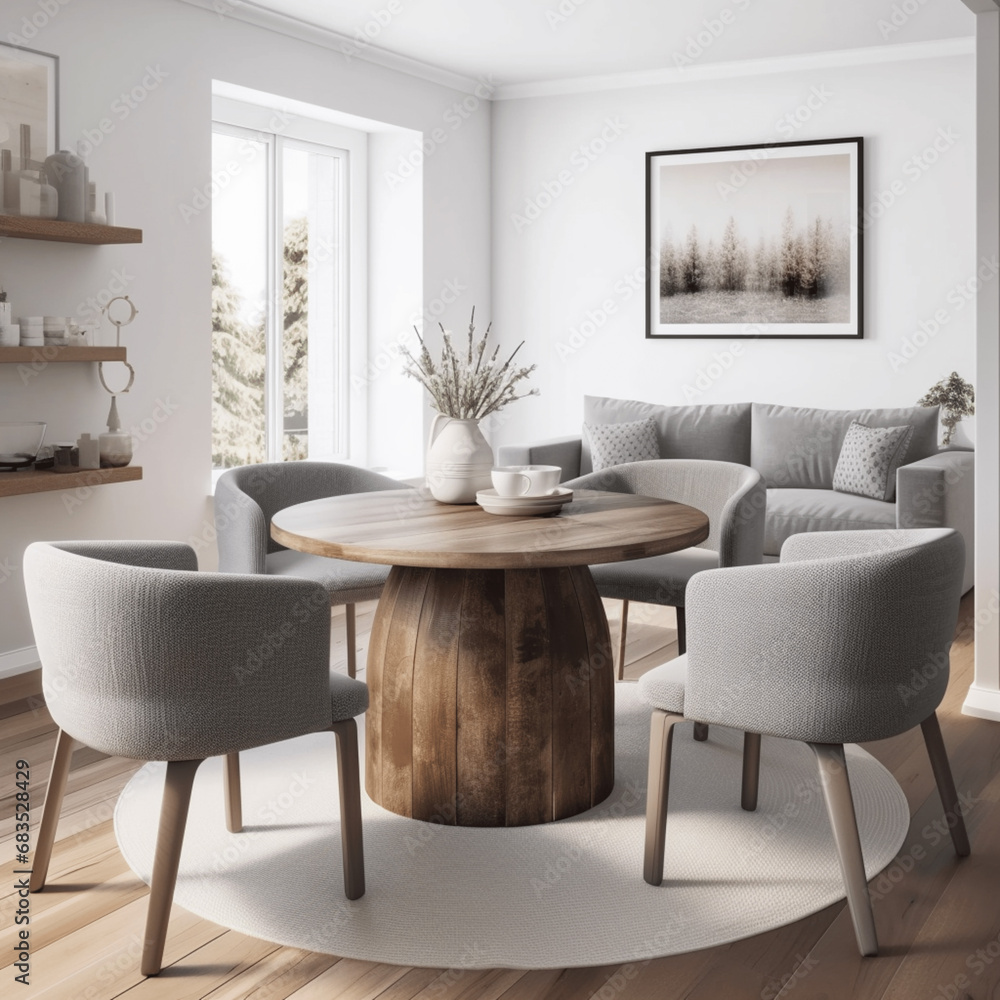 Graue Fassstühle am runden Esstisch aus Holz. Skandinavisches rustikales Innendesign eines modernen Wohnzimmers