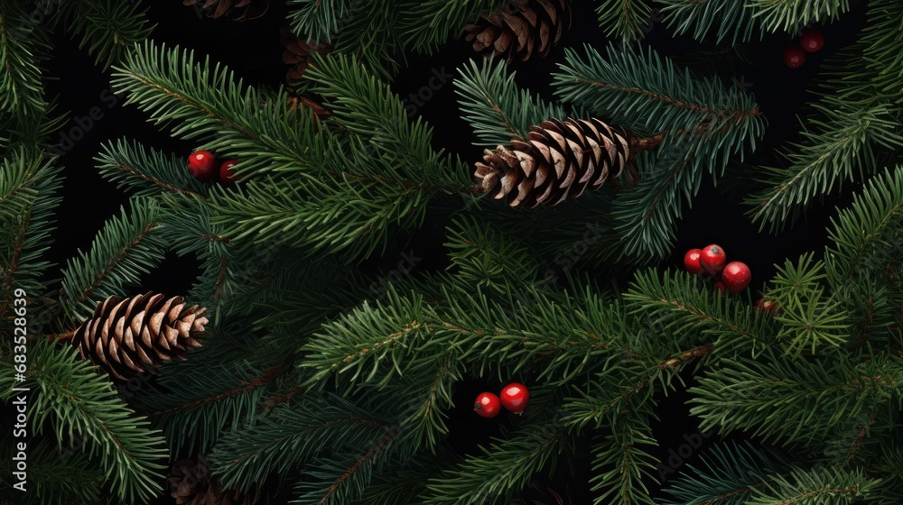 Christmas background by generating an overhead shot of spruce and thuja branches, accentuated with cones, to convey the joyous spirit of the holiday season. SEAMLESS PATTERN. SEAMLESS WALLPAPER. Christmas background by generating an overhead shot of spruce and thuja branches, accentuated with cones, to convey the joyous spirit of the holiday season. SEAMLESS PATTERN. SEAMLESS WALLPAPER.