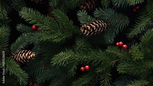 Christmas background by generating an overhead shot of spruce and thuja branches  accentuated with cones  to convey the joyous spirit of the holiday season. SEAMLESS PATTERN. SEAMLESS WALLPAPER.