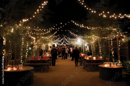 Enchanting wonderland. Festive Christmas market with sparkling lights and joyful carolers