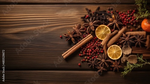 mulled wine spices arranged on a vintage wooden backdrop from a top perspective, with sufficient space for text or invitations. photo
