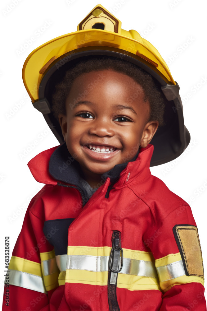 Smiling darkskinned boy about 5 years old dressed in a firefighter