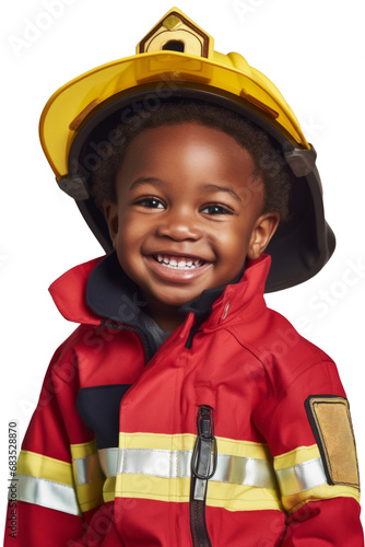 Smiling dark-skinned boy about 5 years old dressed in a firefighter costume on a transparent background, PNG
