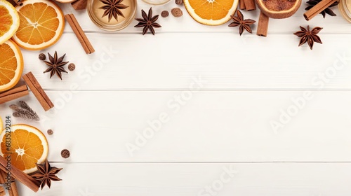 a Christmas frame showcasing the beauty of Christmas spices and dried orange slices, the arrangement against a pristine white background to create a clean and festive atmosphere.