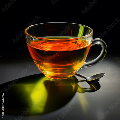 a cup of tea with lemon wedge in it on a black background