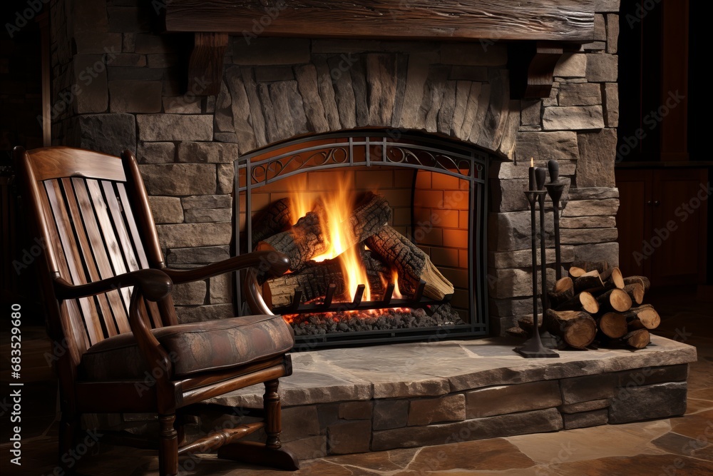 Cozy atmosphere of Christmas fireplace and lounge chair