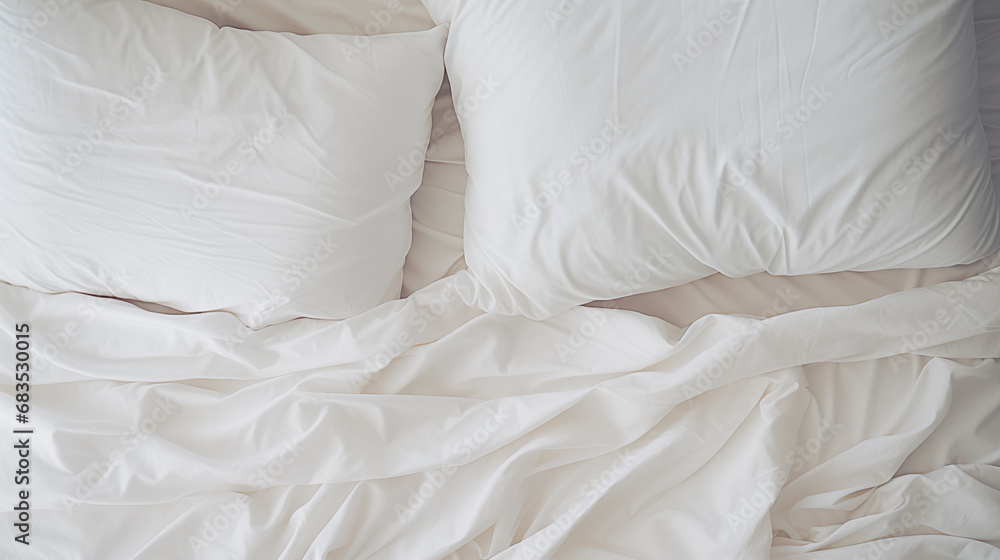 Top view of sheets and pillows. White linens. Bed texture. Generated AI Top view of sheets and pillows. White linens. Bed texture. Generated AI