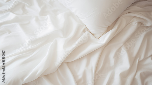 Top view of sheets and pillows. White linens. Bed texture. Generated AI photo