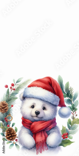 Сute teddy bear wearing Santa's cap and red scarf, surrounded by snowflakes. Generative AI.