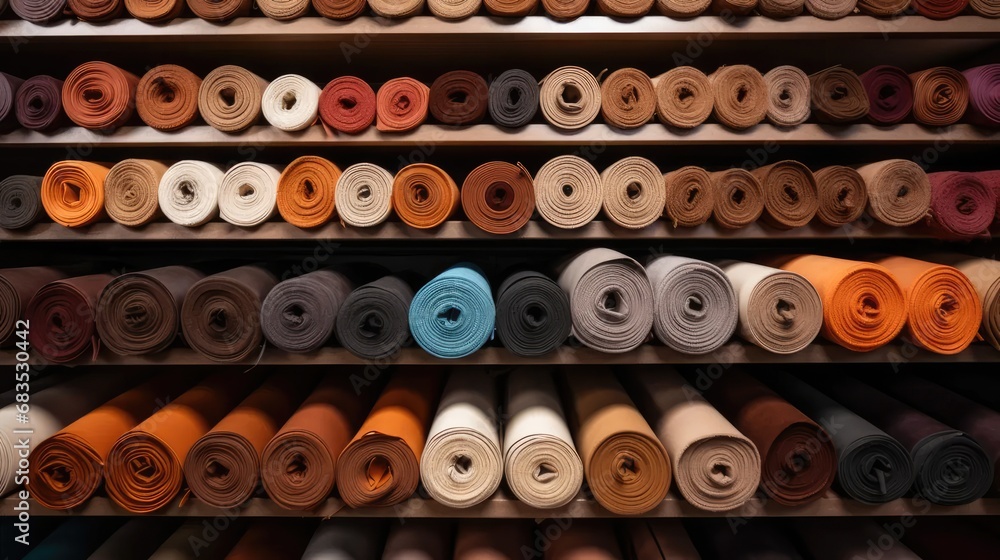 various rolls of natural color leather, neatly displayed on a rack, the materials in a way that enhances their tactile qualities and invites creativity.