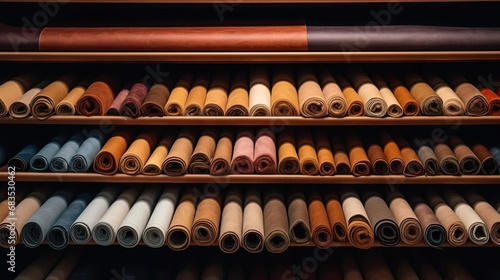 various rolls of natural color leather, neatly displayed on a rack, the materials in a way that enhances their tactile qualities and invites creativity.
