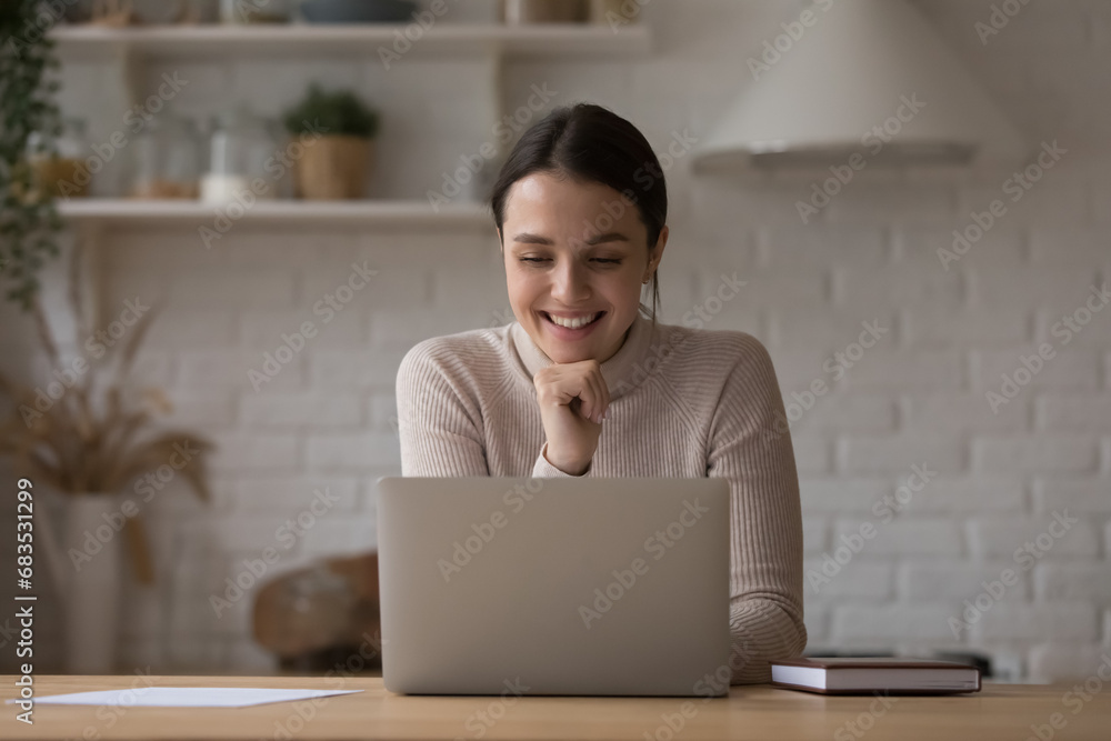 Young pretty woman smile use laptop spend time alone in kitchen. Happy e-commerce client makes order, buy goods, food via comfy e-services for comfort life. Modern tech, telecommute, leisure concept Young pretty woman smile use laptop spend time alone in kitchen. Happy e-commerce client makes order, buy goods, food via comfy e-services for comfort life. Modern tech, telecommute, leisure concept