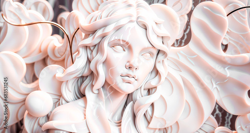 Marble statue of a woman with gracefully curly hair, creating the effect of flow and movement. Generative AI photo
